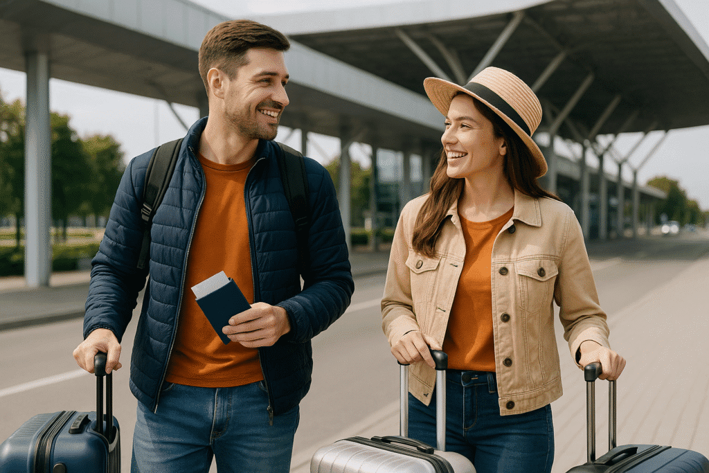 Touriste belge avec valise à l’aéroport, protégé par une assurance voyage complète.
